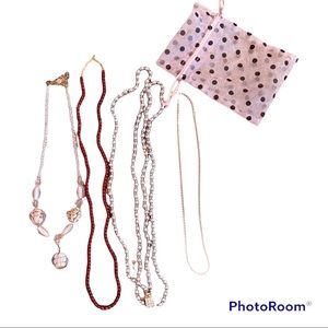 Lot of 4 Necklaces and Organza Jewelry Bag including Crystal and Beaded Chain
